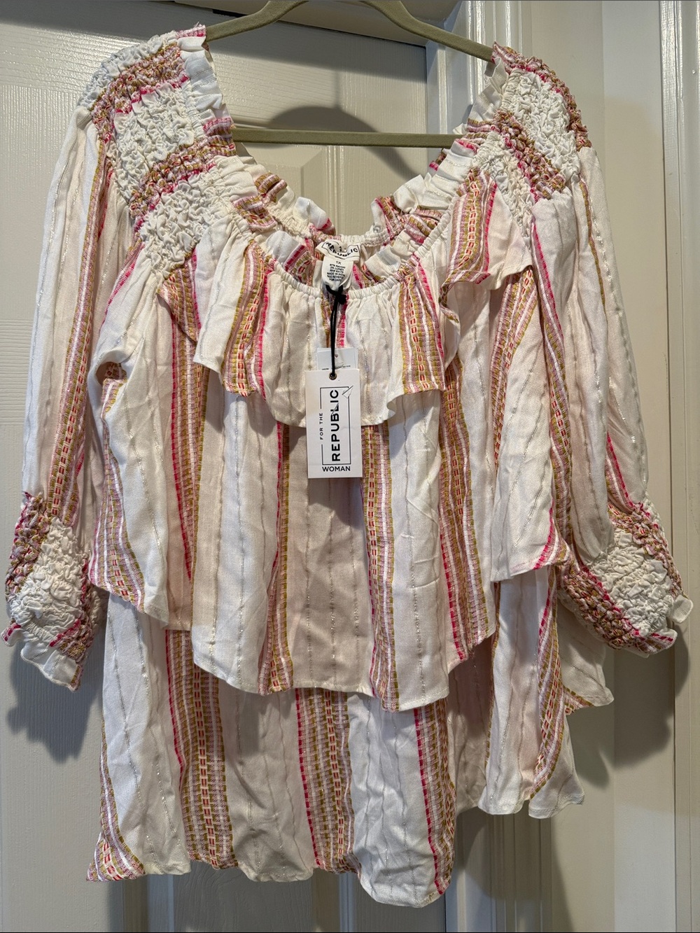 NWT Boho Autumn CoquetteWhite Tiered Silver Metallic Pink Stripe 3/4Sleeve 1X